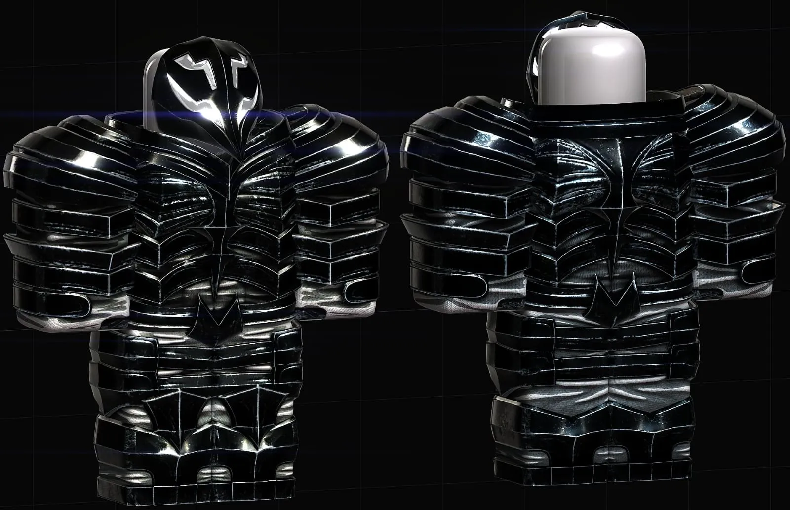 Glossy black armor set shown from front and back