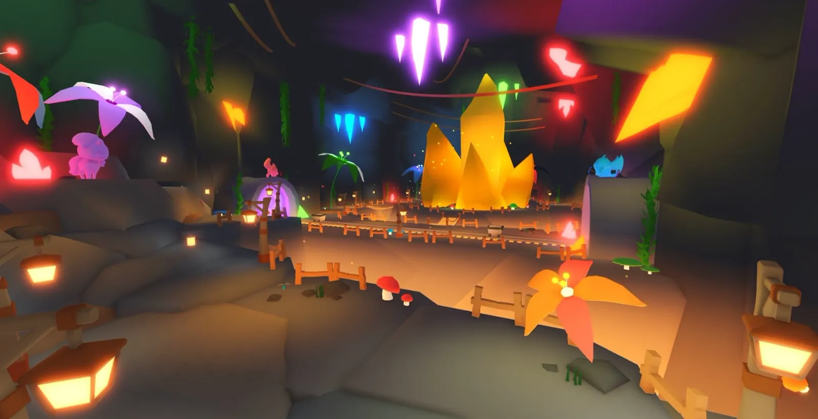 Low poly crystal cave with mine cart tracks, lanterns and glowing crystals
