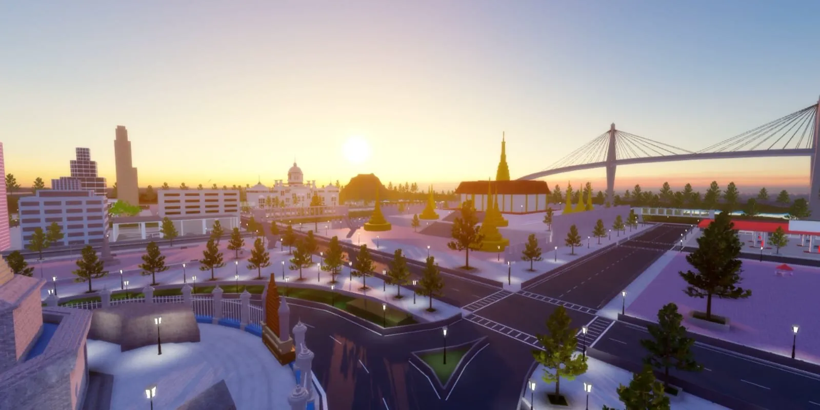 City map at sunset with temples, roads and a cable bridge