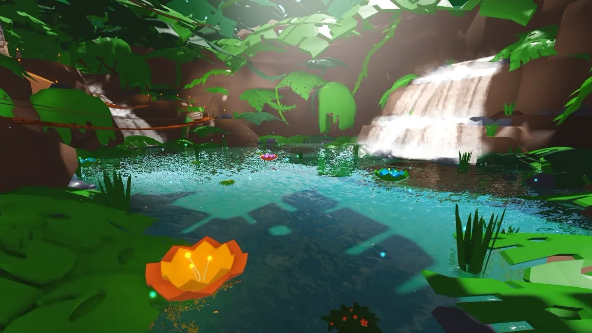 Waterfall lagoon with lily pads and a rope bridge