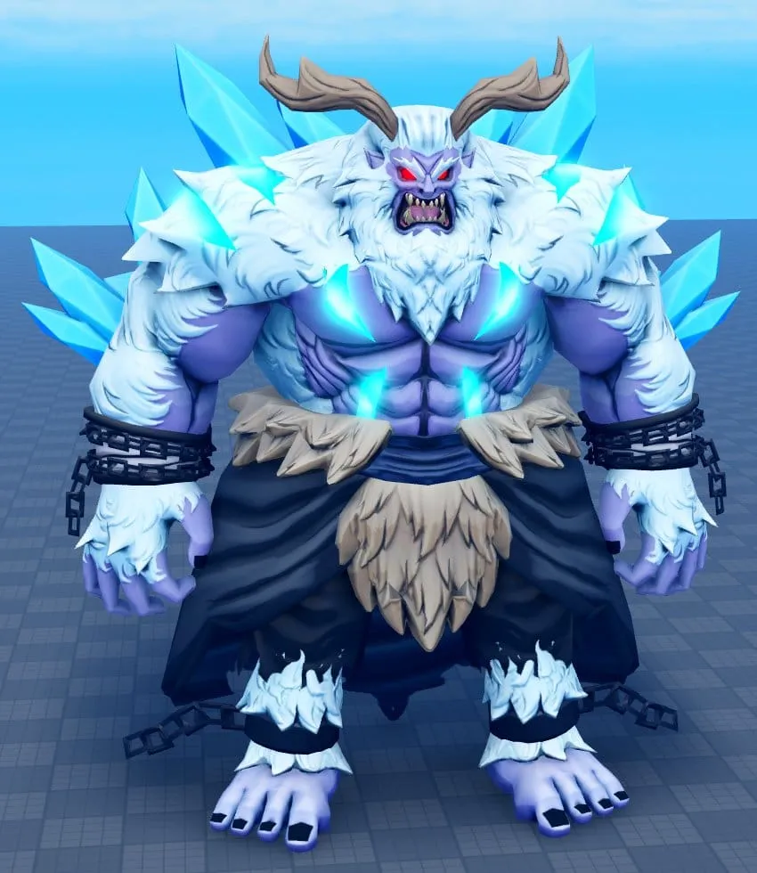 Frost yeti boss character model with ice crystals and chains